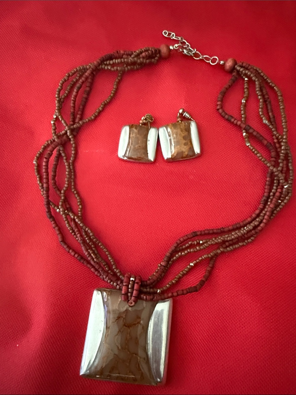 Brown Stone Pendant Multi-Strand Bead Necklace and Earrings Set